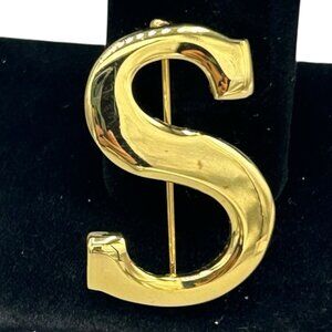 Gold Tone Letter S Initial Brooch Pin Personalized Vintage Style